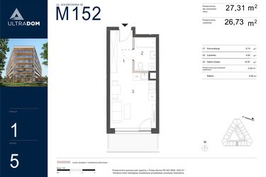 Rzut - Mieszkanie na sprzedaż 1 pokój o powierzchni 27,31 m² - numer M152 w Ultradom