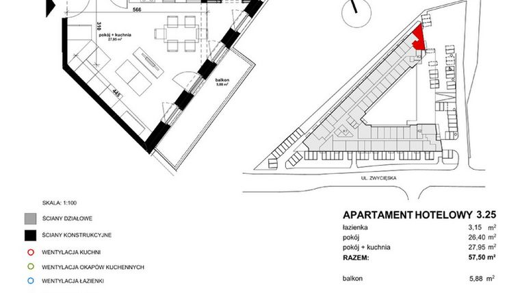 Rzut - Mieszkanie na sprzedaż 2 pokoje o powierzchni 56,77 m² - numer 3.25 w Apartamentowiec Zwycięska 3 - inwestycyjne