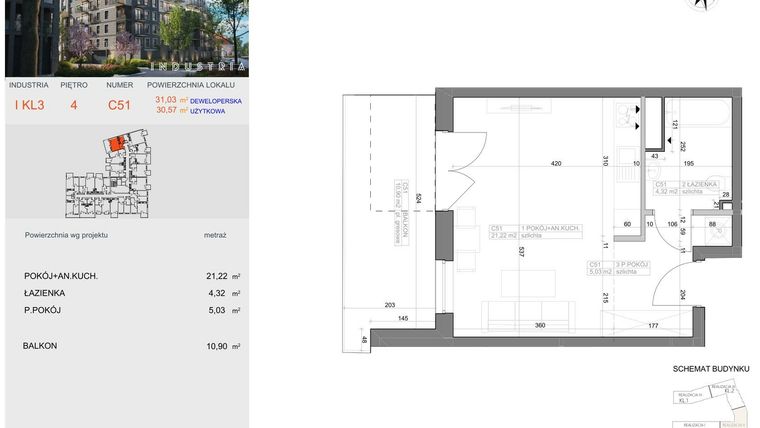 Rzut - Mieszkanie na sprzedaż 1 pokój o powierzchni 30,57 m² - numer I-C51 w Industria etap I-D