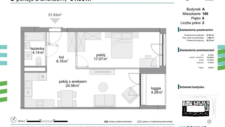 Rzut - Mieszkanie na sprzedaż 2 pokoje o powierzchni 51,93 m² - numer 186 w Osiedle Fokus Ursus