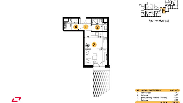 Rzut - Mieszkanie na sprzedaż 1 pokój o powierzchni 26,31 m² - numer M57 w Punkt Wola