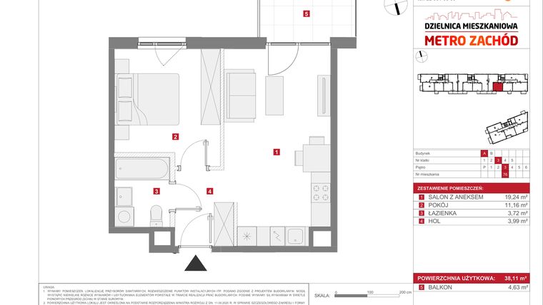 Rzut - Mieszkanie na sprzedaż 2 pokoje o powierzchni 38,11 m² - numer 13.1.A.76 w Dzielnica Mieszkaniowa Metro Zachód - etap 13