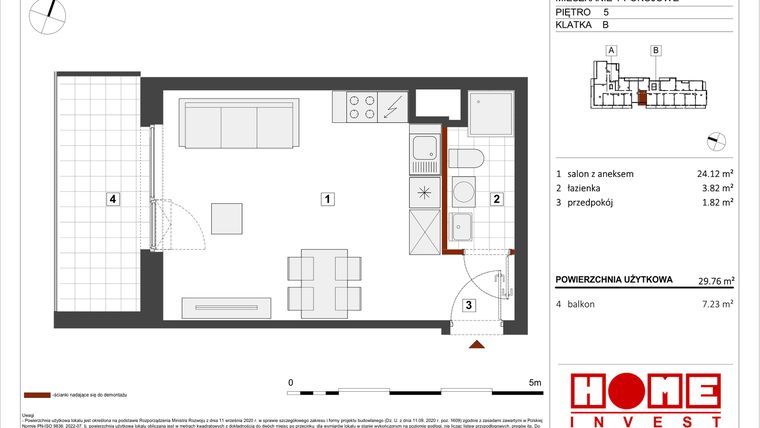 Rzut - Mieszkanie na sprzedaż 1 pokój o powierzchni 29,76 m² - numer B1-B102 w Warszawski Świt etap VIII
