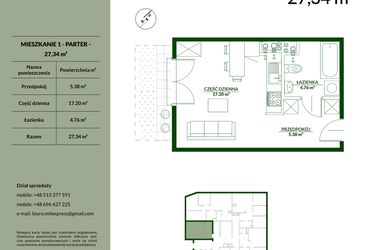 Rzut - Mieszkanie na sprzedaż 1 pokój o powierzchni 27,34 m² - numer 1 w Bukowa etap II