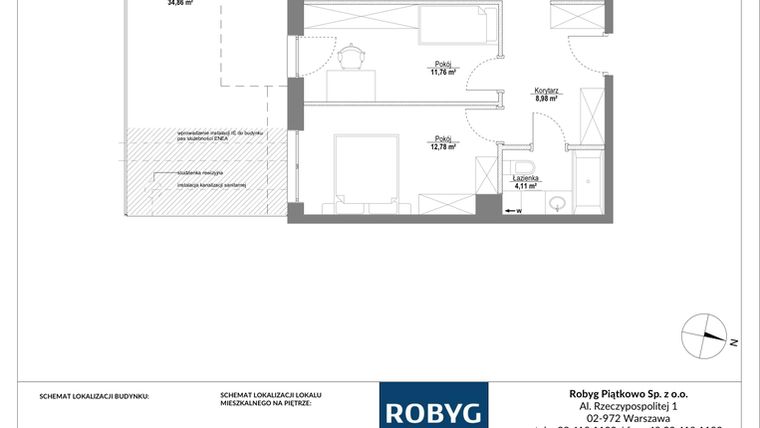 Rzut - Mieszkanie na sprzedaż 3 pokoje o powierzchni 61,37 m² - numer 0M03 w Piątkowo Residence