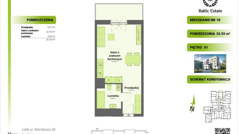 Rzut - Mieszkanie na sprzedaż 1 pokój o powierzchni 32,55 m² - numer 01.M.18 w Dom Architekta
