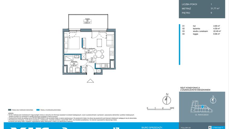 Rzut - Mieszkanie na sprzedaż 1 pokój o powierzchni 31,74 m² - numer A.9.2 w Rakoczego 17