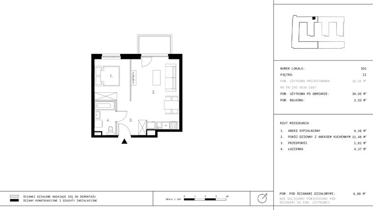 Rzut - Mieszkanie na sprzedaż 1 pokój o powierzchni 39,05 m² - numer 2.A40-302 w Jurowiecka 22