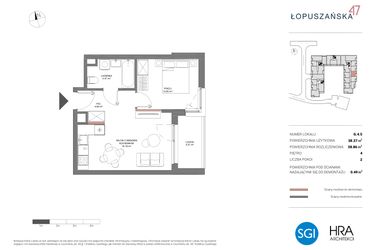 Rzut - Mieszkanie na sprzedaż 2 pokoje o powierzchni 38,86 m² - numer G.4.5 w Łopuszańska 47 - etap 2