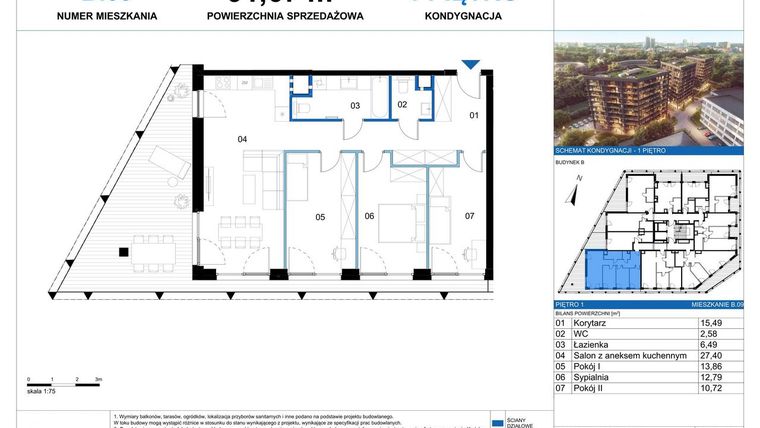 Rzut - Mieszkanie na sprzedaż 1 pokój o powierzchni 89,33 m² - numer B.M.09 w VIDOK