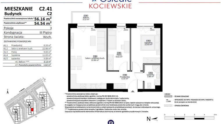 Rzut - Mieszkanie na sprzedaż 3 pokoje o powierzchni 54,54 m² - numer C2.41 w Osiedle Kociewskie etap III