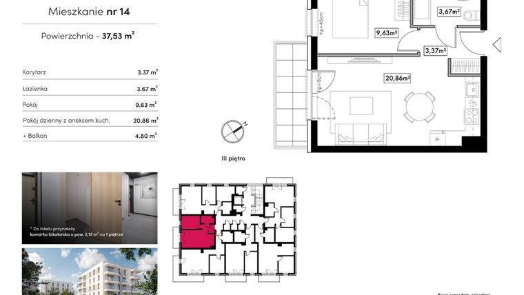 Rzut - Mieszkanie na sprzedaż 2 pokoje o powierzchni 37,53 m² - numer B22.M14 w Novum Rumia - bud. 22