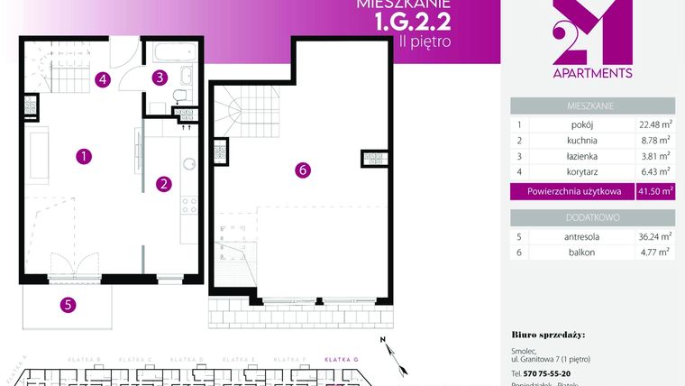 Rzut - Mieszkanie na sprzedaż 2 pokoje o powierzchni 77,74 m² - numer 1.G.2.2 w 2M Apartments etap IV