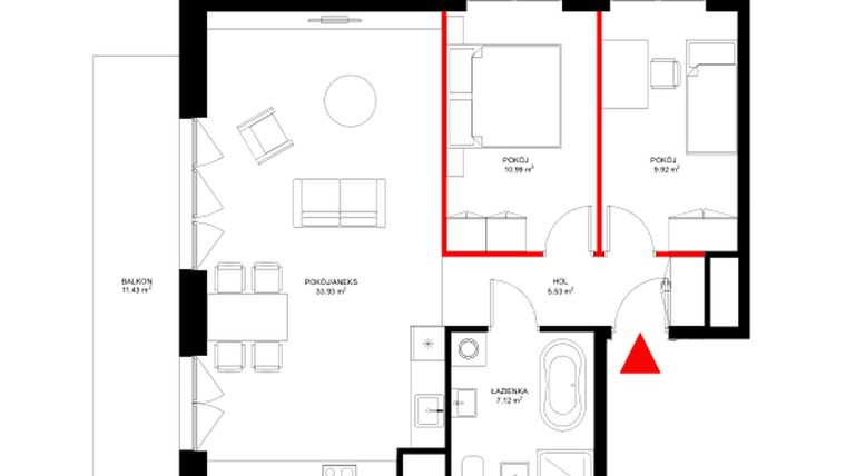 Rzut - Mieszkanie na sprzedaż 3 pokoje o powierzchni 67,5 m² - numer E.1.9 w INSPIRE ETAP IV – bud. E
