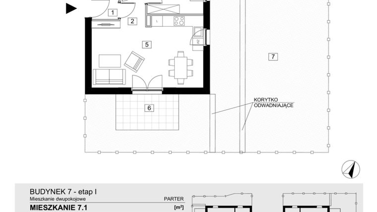 Rzut - Mieszkanie na sprzedaż 2 pokoje o powierzchni 43,42 m² - numer 7.1 w Jasieny