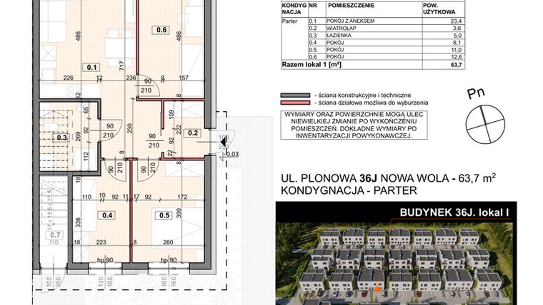 Rzut - Mieszkanie na sprzedaż 4 pokoje o powierzchni 63,7 m² - numer 36J/1 w Zespół willowy Zielona Polana - etap 6
