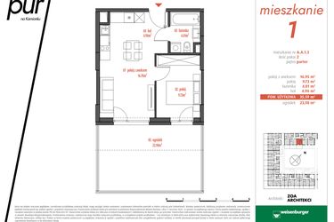 Rzut - Mieszkanie na sprzedaż 2 pokoje o powierzchni 35,59 m² - numer AA1.3 w PUR