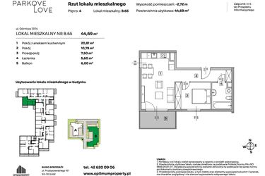 Rzut - Mieszkanie na sprzedaż 2 pokoje o powierzchni 44,69 m² - numer B.65 w Parkove Love