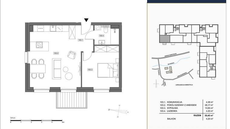Rzut - Mieszkanie na sprzedaż 2 pokoje o powierzchni 50,4 m² - numer A.103 w Nowa Młynówka