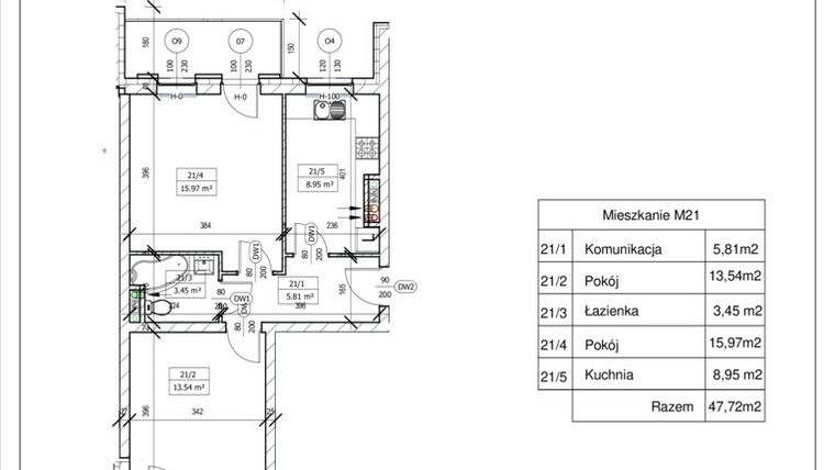 Rzut - Mieszkanie na sprzedaż 2 pokoje o powierzchni 47 m² - numer D 21 w Osiedle Staromiejskie