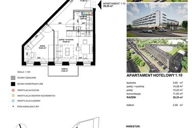 Rzut - Mieszkanie na sprzedaż 2 pokoje o powierzchni 39,5 m² - numer 1.10 w Apartamentowiec Zwycięska 3 - inwestycyjne