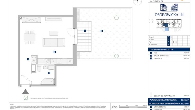 Rzut - Mieszkanie na sprzedaż 1 pokój o powierzchni 36,52 m² - numer A.4 w Osobowicka 114