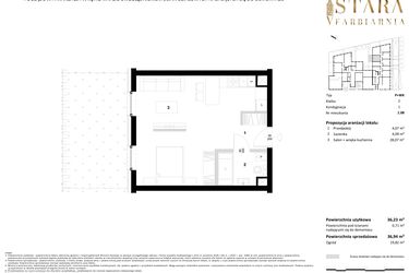 Rzut - Mieszkanie na sprzedaż 1 pokój o powierzchni 36,94 m² - numer 1.08 w Stara Farbiarnia
