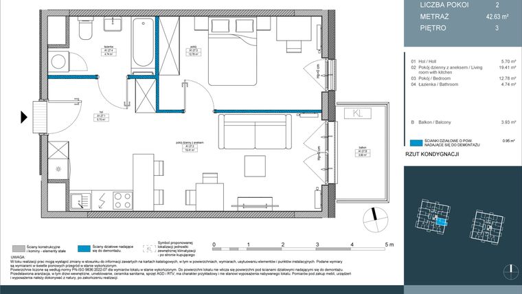 Rzut - Mieszkanie na sprzedaż 2 pokoje o powierzchni 42,63 m² - numer 27 w Nordic Górka Narodowa