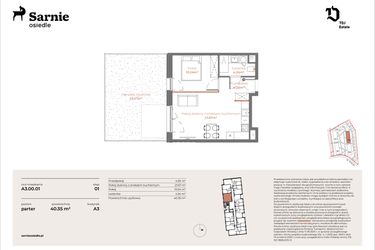 Rzut - Mieszkanie na sprzedaż 2 pokoje o powierzchni 40,35 m² - numer A3-00.01 w Sarnie Osiedle