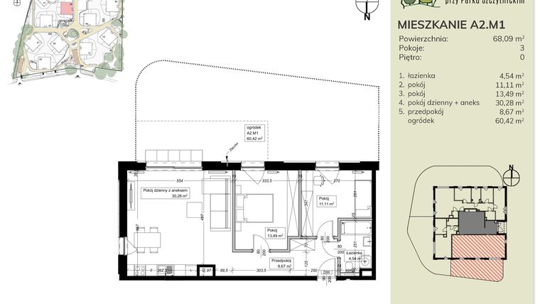 Rzut - Mieszkanie na sprzedaż 3 pokoje o powierzchni 68,46 m² - numer A2.M1 w Apartamenty przy Parku Szczytnickim