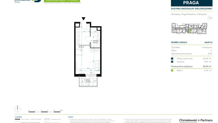 Rzut - Mieszkanie na sprzedaż 1 pokój o powierzchni 28,89 m² - numer AA0514 w Neo Praga