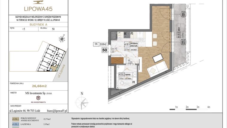 Rzut - Mieszkanie na sprzedaż 1 pokój o powierzchni 26,66 m² - numer A50 w Lipowa 45