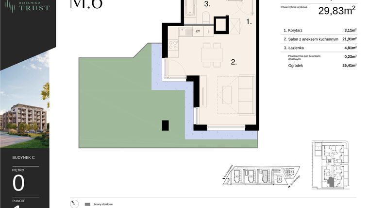 Rzut - Mieszkanie na sprzedaż 1 pokój o powierzchni 30,06 m² - numer C - M.6 w Dzielnica Trust - etap I