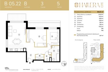 Rzut - Mieszkanie na sprzedaż 3 pokoje o powierzchni 69,03 m² - numer B.05.22 w Hallera 140