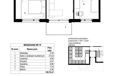 Rzut - Mieszkanie na sprzedaż 3 pokoje o powierzchni 55,76 m² - numer 19 w Osiedle Różane etap 5