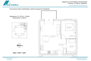 Rzut - Mieszkanie na sprzedaż 2 pokoje o powierzchni 43,68 m² - numer 31A w Dominów Rynek