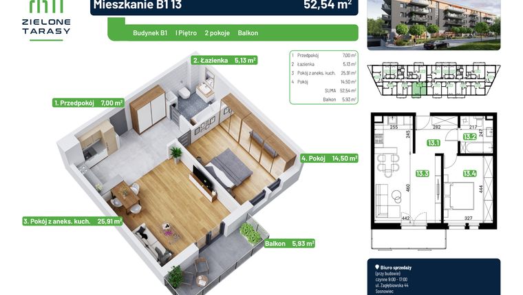 Rzut - Mieszkanie na sprzedaż 2 pokoje o powierzchni 52,84 m² - numer B1.13 w Zielone Tarasy