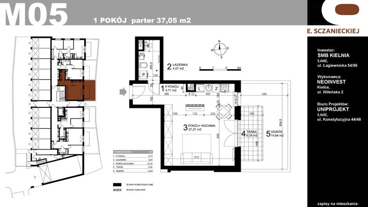 Rzut - Mieszkanie na sprzedaż 1 pokój o powierzchni 37,05 m² - numer M05 w Sczanieckiej 8