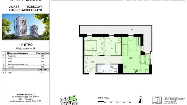 Rzut - Mieszkanie na sprzedaż 3 pokoje o powierzchni 52,67 m² - numer 19/B8 w Dzielnica Parkowa VIII