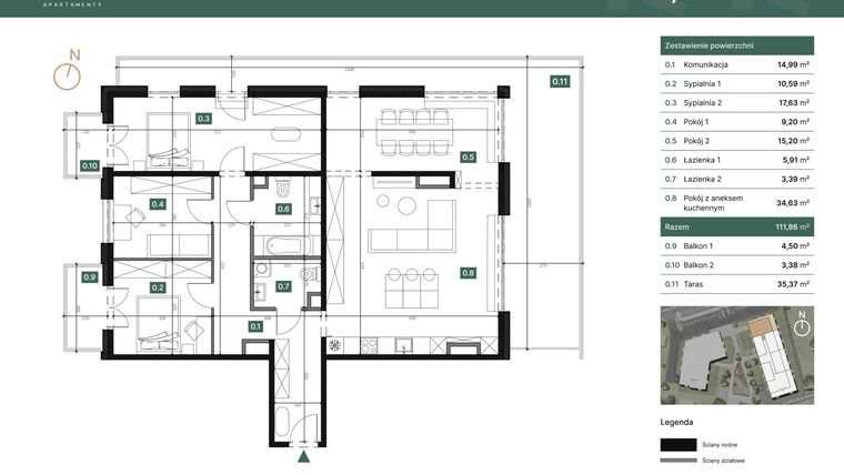 Rzut - Mieszkanie na sprzedaż 5 pokoi o powierzchni 111,86 m² - numer M42 w Sadyba 2.0