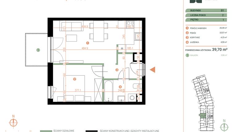 Rzut - Mieszkanie na sprzedaż 2 pokoje o powierzchni 39,7 m² - numer M.01.05 w Casa Feliz Portowa II