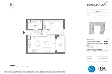 Rzut - Mieszkanie na sprzedaż 2 pokoje o powierzchni 38,44 m² - numer J.2.3 w Łopuszańska 47 - etap 3