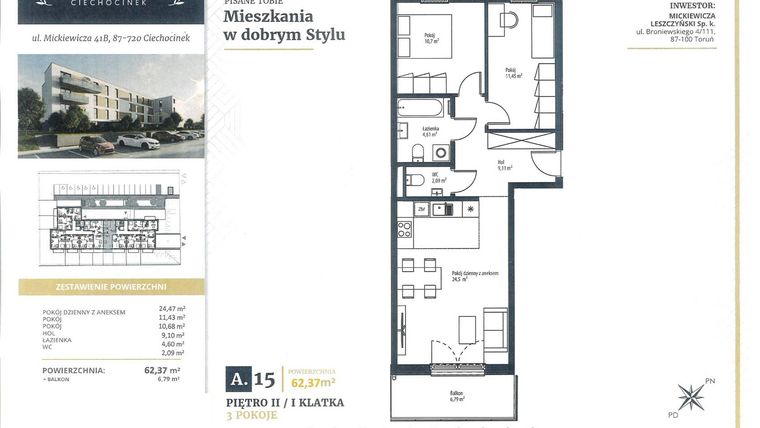 Rzut - Mieszkanie na sprzedaż 3 pokoje o powierzchni 62,37 m² - numer A15 w Mickiewicza