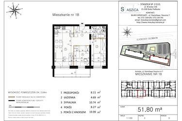Rzut - Mieszkanie na sprzedaż 3 pokoje o powierzchni 51,8 m² - numer M18 w Staszica