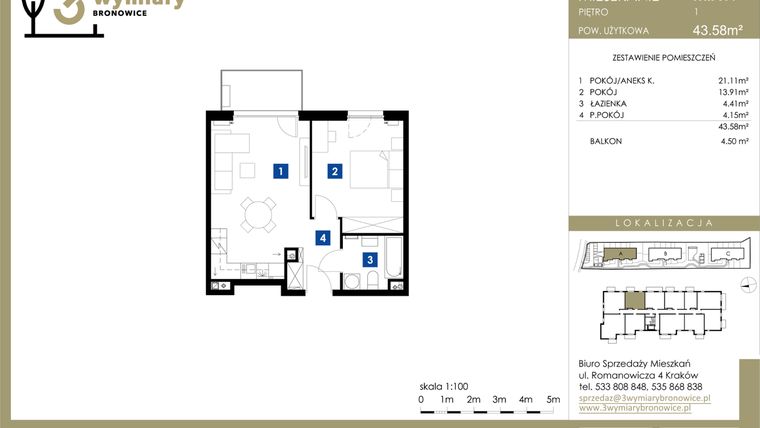 Rzut - Mieszkanie na sprzedaż 2 pokoje o powierzchni 43,58 m² - numer M.A19 w 3 Wymiary Bronowice
