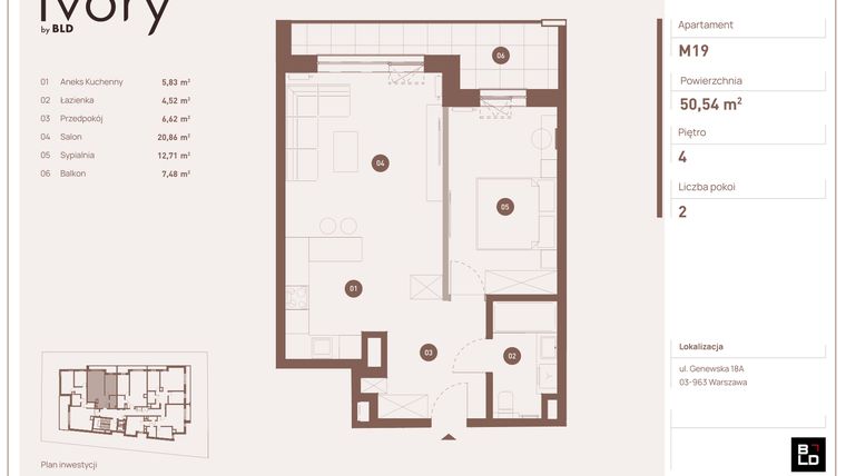 Rzut - Mieszkanie na sprzedaż 2 pokoje o powierzchni 50,54 m² - numer M19 w Ivory