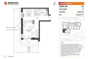 Rzut - Mieszkanie na sprzedaż 2 pokoje o powierzchni 35,64 m² - numer B.22 w Osiedle Warszawska etap III