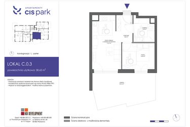 Rzut - Mieszkanie na sprzedaż 2 pokoje o powierzchni 38,65 m² - numer C.0.3 w CIS Park