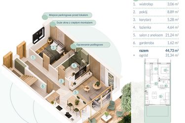 Rzut - Mieszkanie na sprzedaż 2 pokoje o powierzchni 44,73 m² - numer B.3.1 w Enklawa
