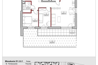 Rzut - Mieszkanie na sprzedaż 3 pokoje o powierzchni 73,01 m² - numer D1.3.0.1 w Nowy Targówek VI